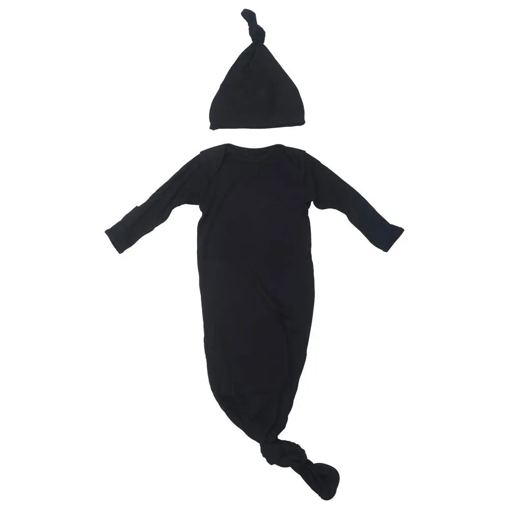 Three Little Tots Black Ribbed Knotted Baby Gown - 