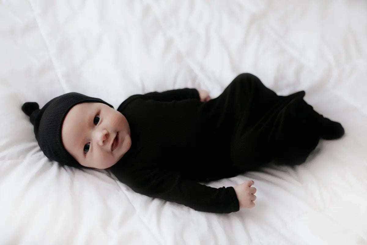 Three Little Tots Black Ribbed Knotted Baby Gown - 
