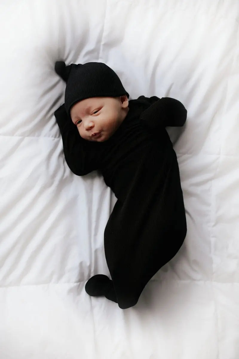 Three Little Tots Black Ribbed Knotted Baby Gown - 