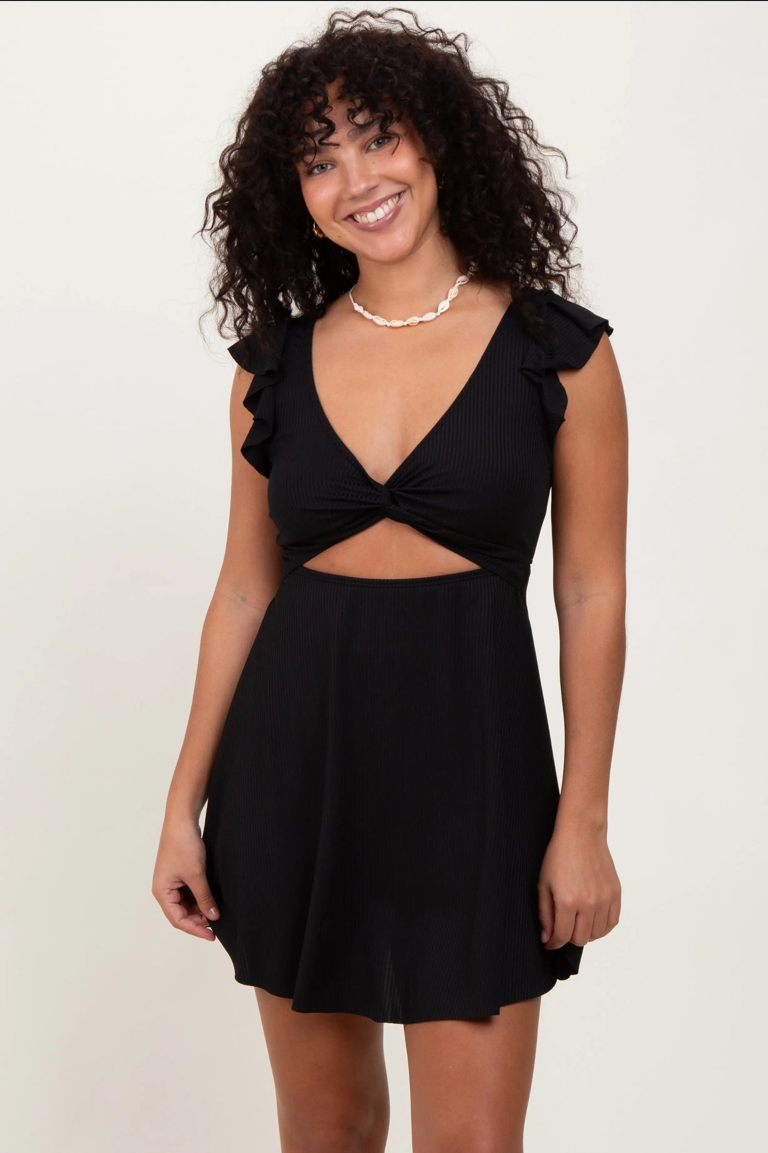 Black Ribbed Ruffle Twist Front Swim Dress PinkBlush 
