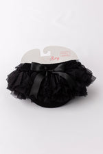 Black ruffle tutu bloomers with layered ruffles across the front and back for a baby girl