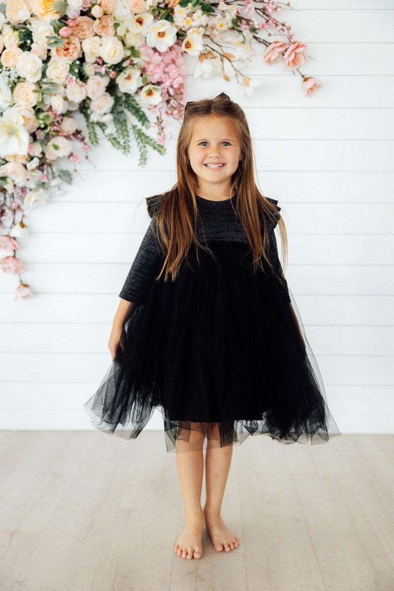 Mila & Rose ® Black Shimmer Three Quarter Sleeve Tutu Dress For Girls - Everetts Place Boutique - 