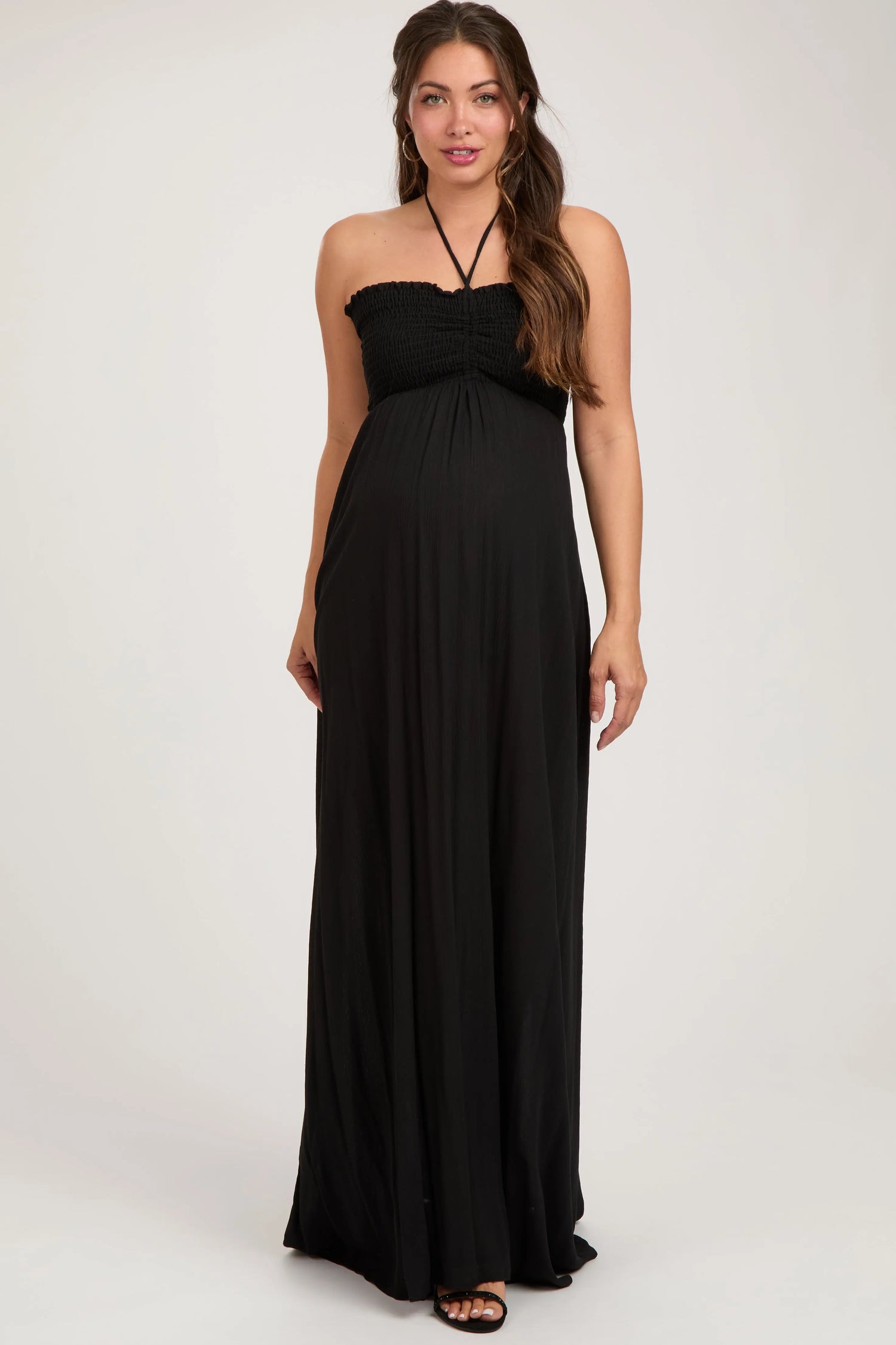 Black Smocked Halter Maternity Maxi Dress PinkBlush 