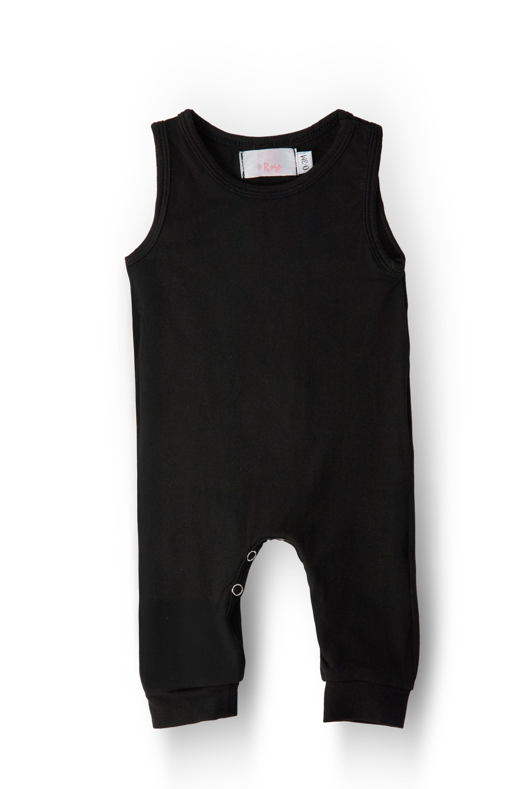 Mila & Rose comfortable organic black tank one-piece jogger for baby.