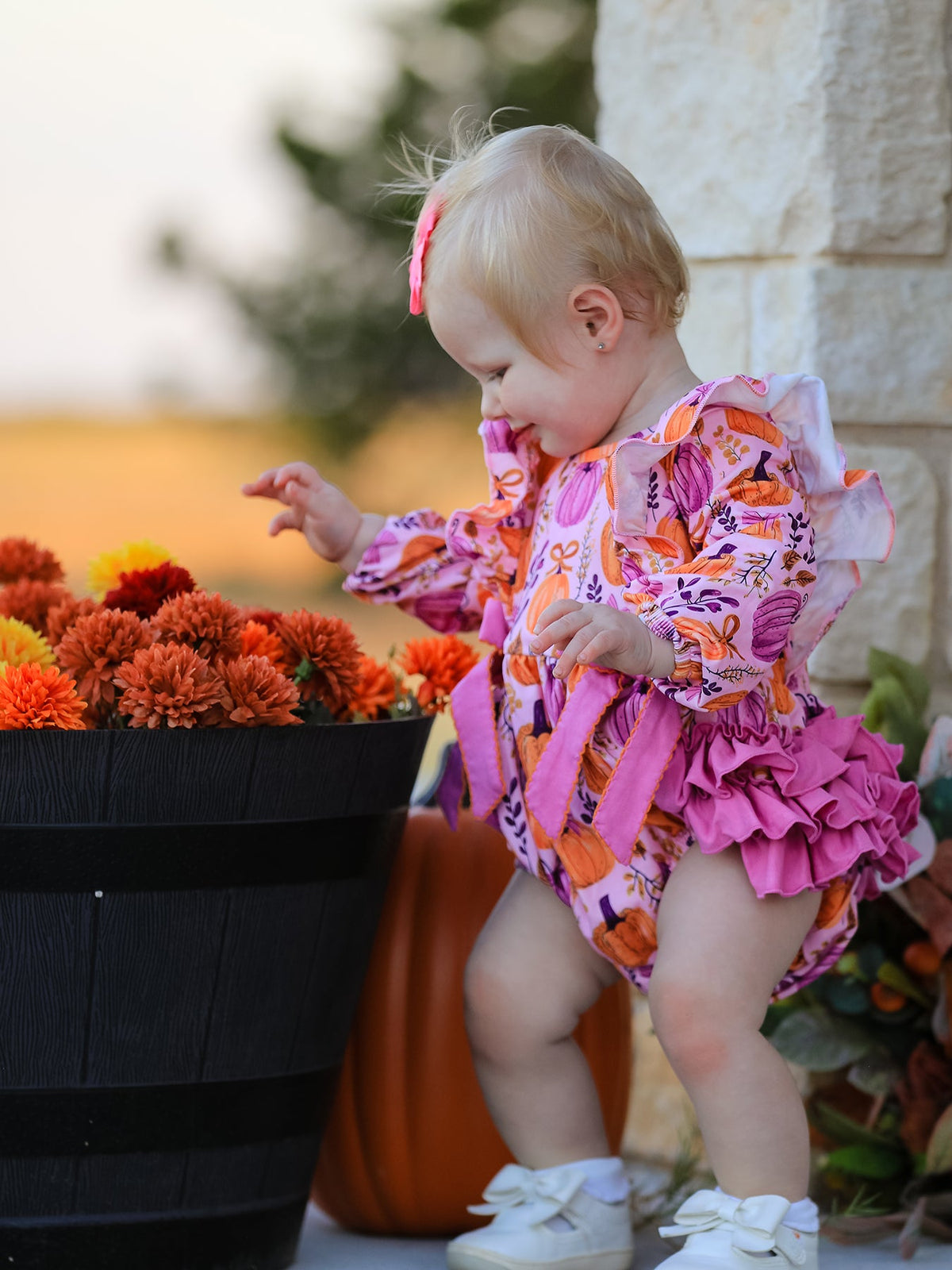 Halloween Thanksgiving Pumpkin Girls Romper with Ruffle Bow by Rylee Faith Designs