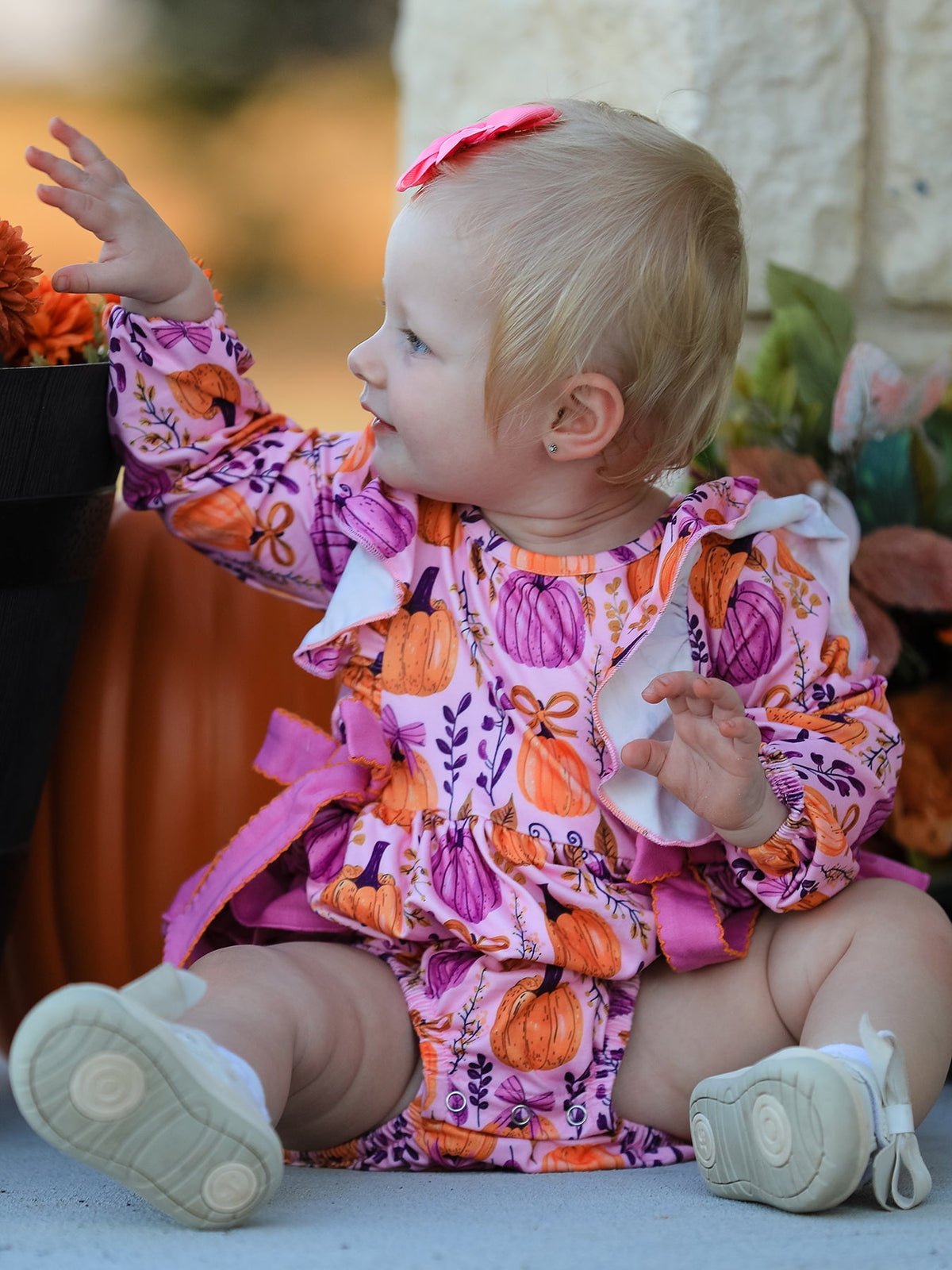 Halloween Thanksgiving Pumpkin Girls Romper with Ruffle Bow by Rylee Faith Designs