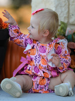 Halloween Thanksgiving Pumpkin Girls Romper with Ruffle Bow by Rylee Faith Designs