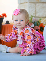 Halloween Thanksgiving Pumpkin Girls Romper with Ruffle Bow by Rylee Faith Designs