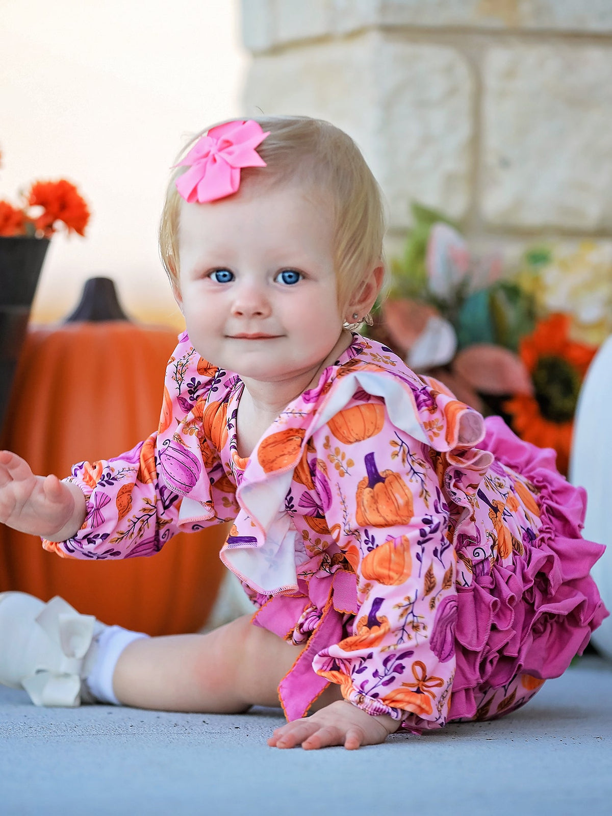 Halloween Thanksgiving Pumpkin Girls Romper with Ruffle Bow by Rylee Faith Designs