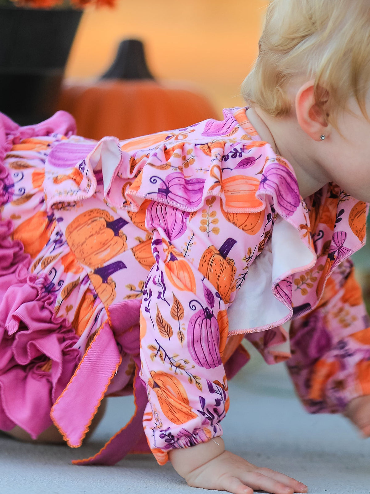 Halloween Thanksgiving Pumpkin Girls Romper with Ruffle Bow by Rylee Faith Designs
