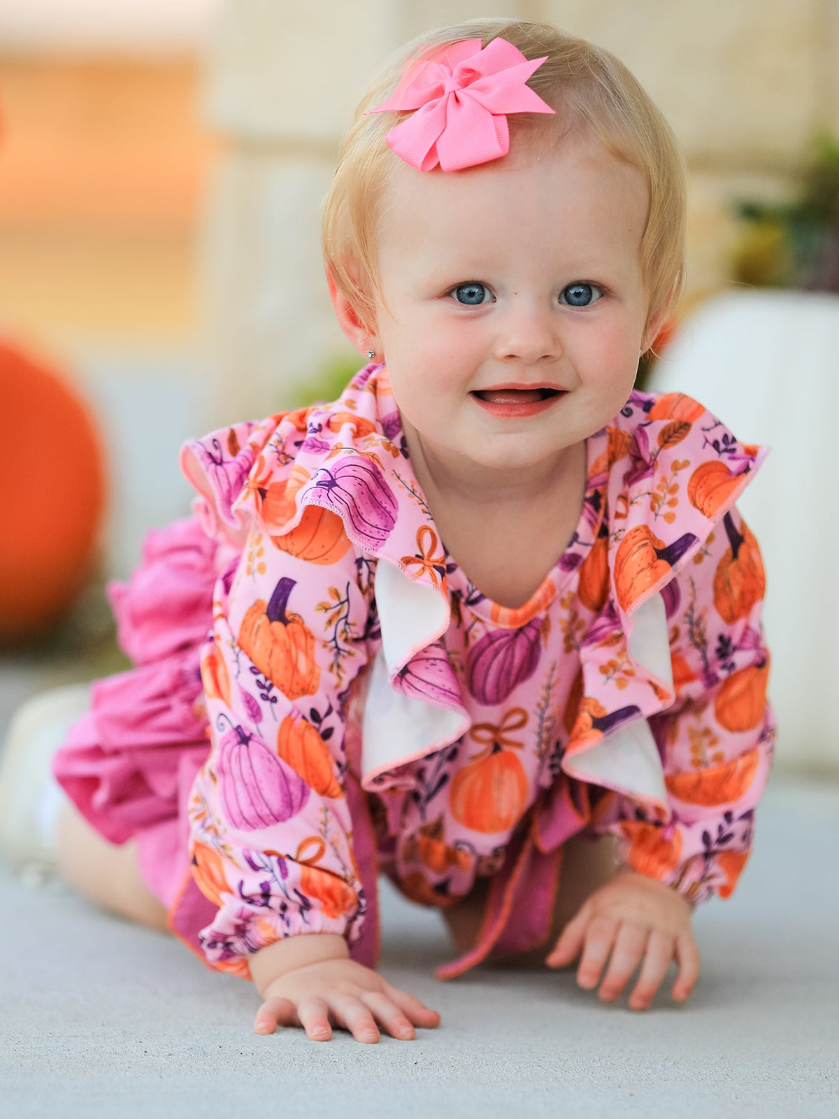 Halloween Thanksgiving Pumpkin Girls Romper with Ruffle Bow by Rylee Faith Designs
