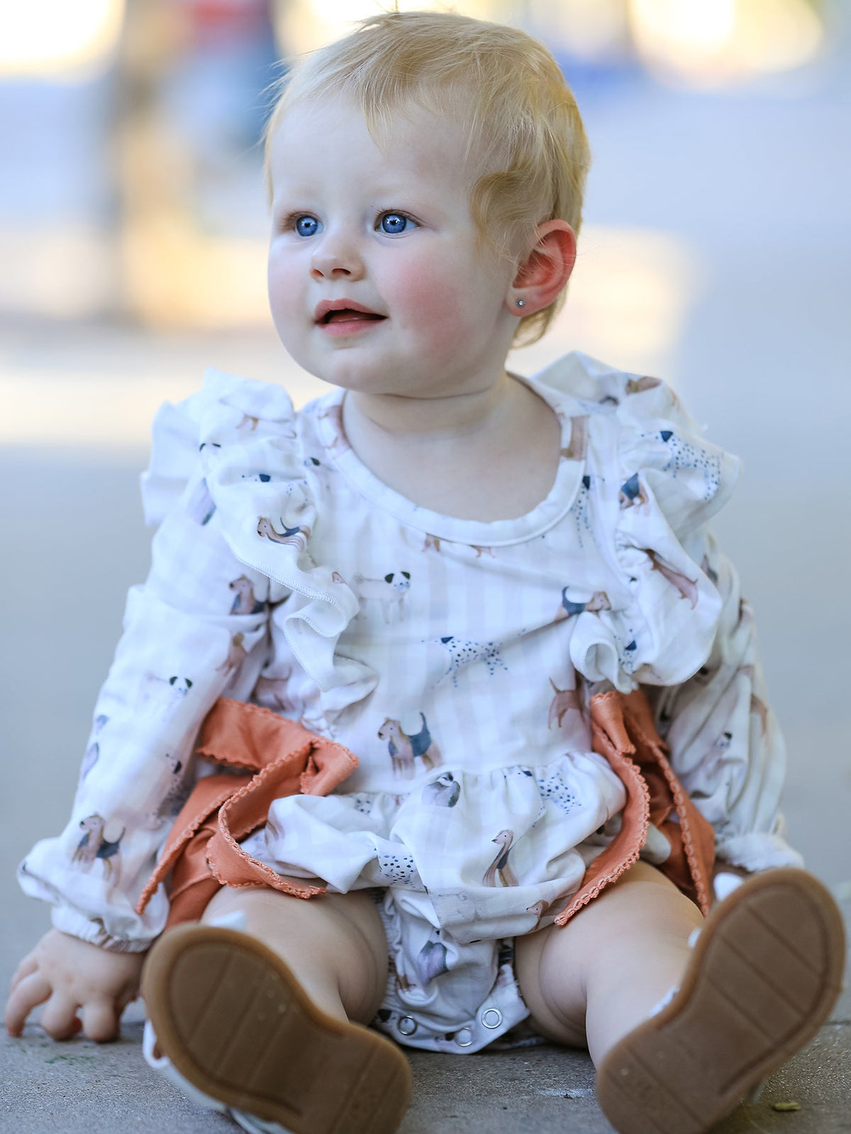 Fall Plaid Dog Print Long Sleeve Romper by Rylee Faith Designs