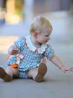 Cotton Romper, Plaid, Pumpkin Bow, Peter Pan Collar by Rylee Faith Designs