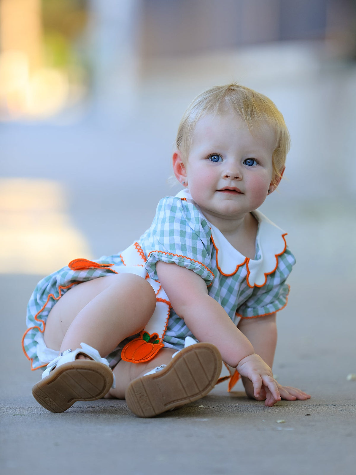 Cotton Romper, Plaid, Pumpkin Bow, Peter Pan Collar by Rylee Faith Designs