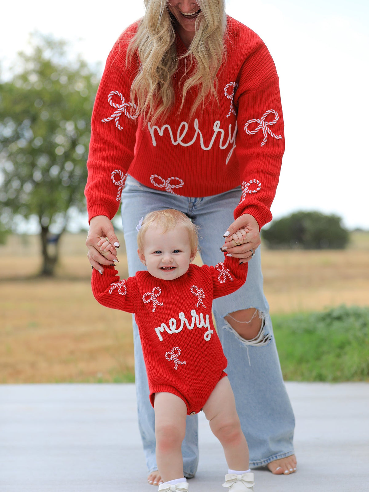 Mom and Me Winter Christmas Red "merry" Pullover Sweater by Rylee Faith Designs