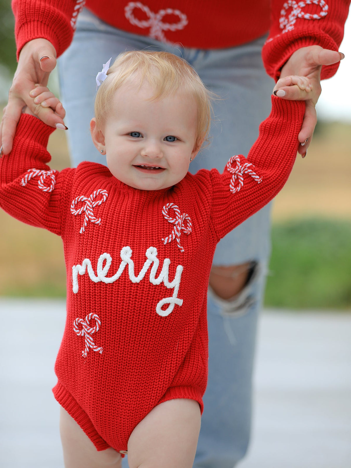 Christmas Candy Cane Merry Knit Baby Romper by Rylee Faith Designs