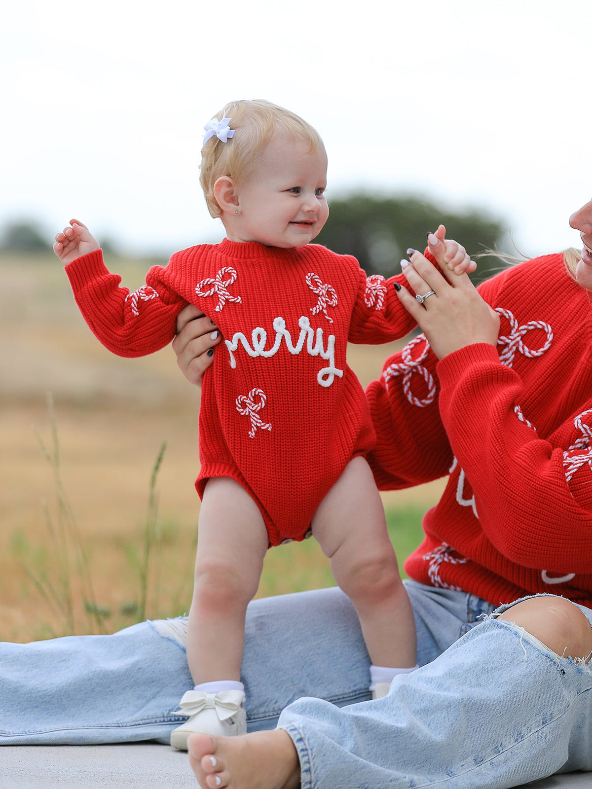 Christmas Candy Cane Merry Knit Baby Romper by Rylee Faith Designs