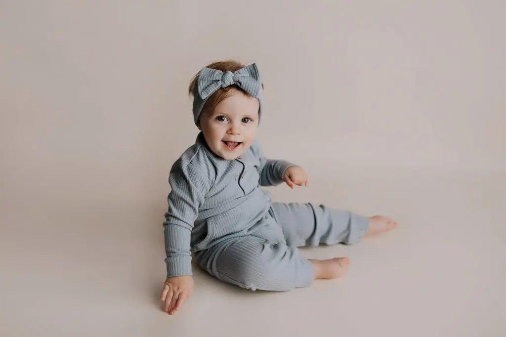 Three Little Tots Blissful Blue Baby Ribbed Playsuit with pockets - 
