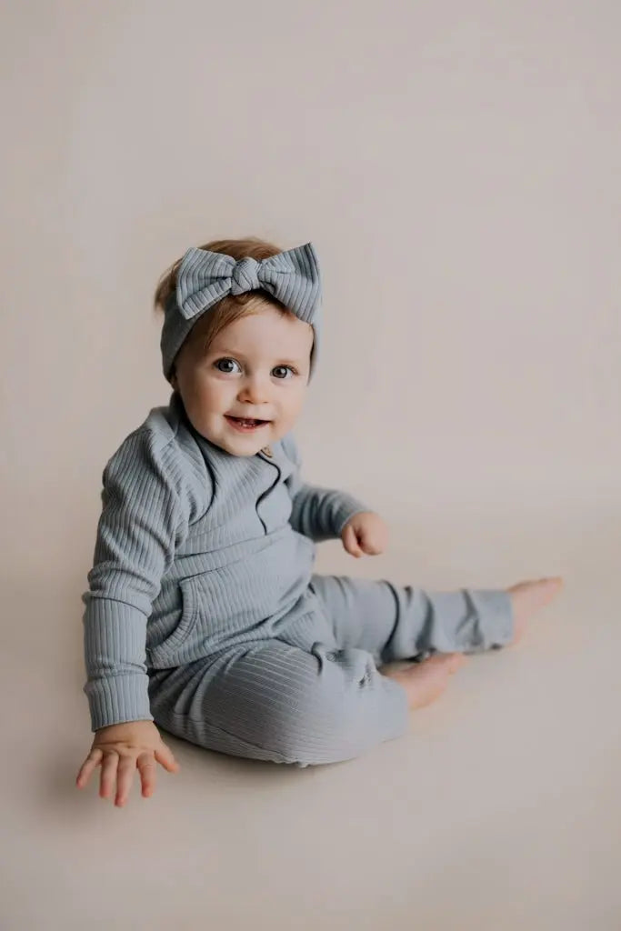Three Little Tots Blissful Blue Baby Ribbed Playsuit with pockets - 