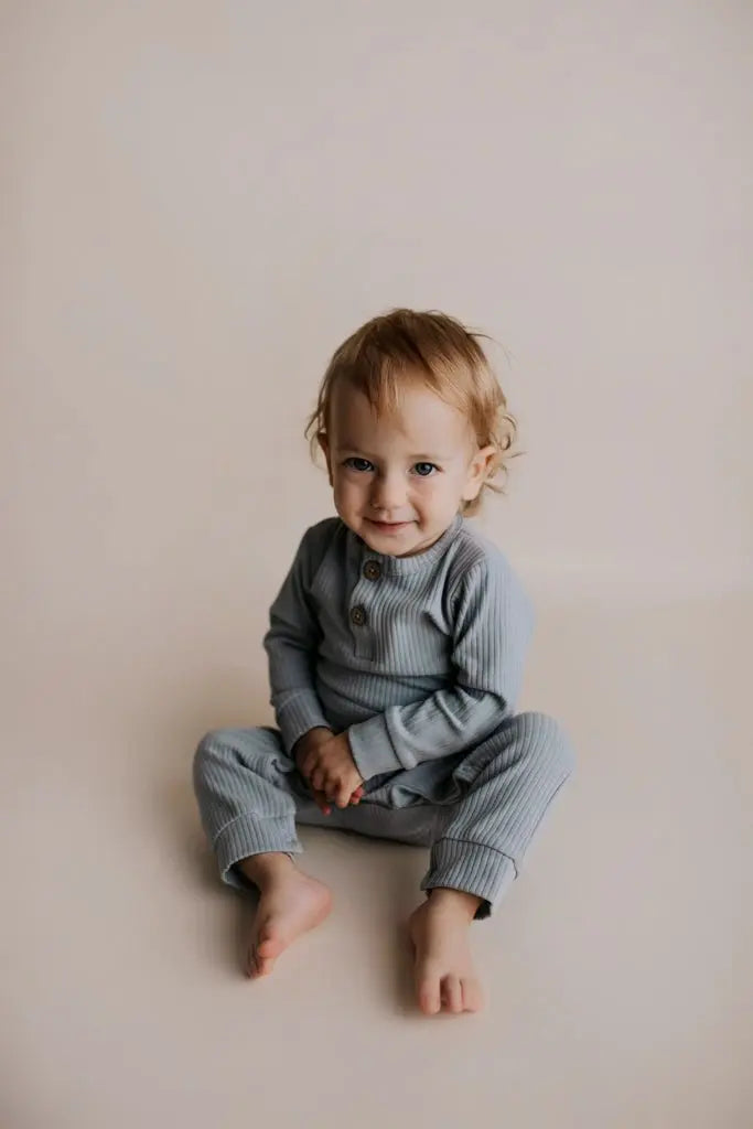 Three Little Tots Blissful Blue Baby Ribbed Playsuit with pockets - 