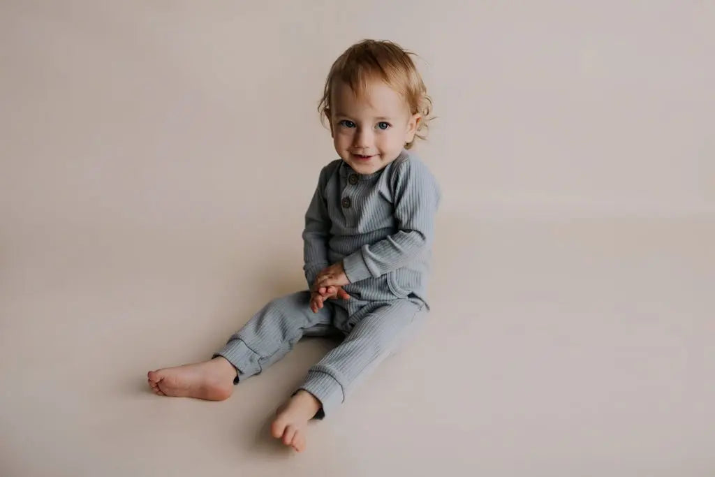 Three Little Tots Blissful Blue Baby Ribbed Playsuit with pockets - 