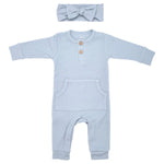 Three Little Tots Blissful Blue Baby Ribbed Playsuit with pockets - 