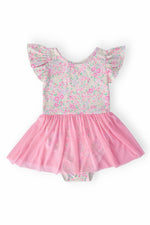 Short-sleeve twirl leotard in a blooming floral print with an attached twirl skirt