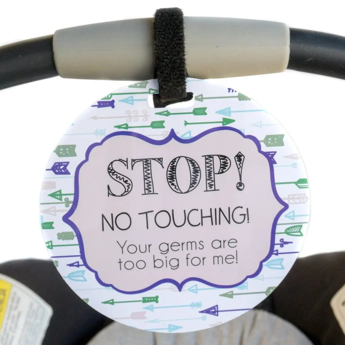 Three Little Tots Blue Arrows No Touching Newborn Baby Car Seat Sign Tag - 