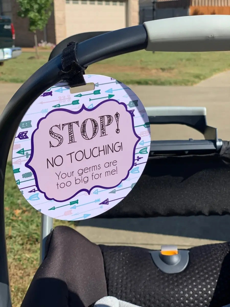 Three Little Tots Blue Arrows No Touching Newborn Baby Car Seat Sign Tag - 