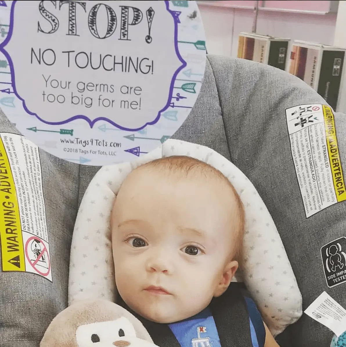 Three Little Tots Blue Arrows No Touching Newborn Baby Car Seat Sign Tag - 