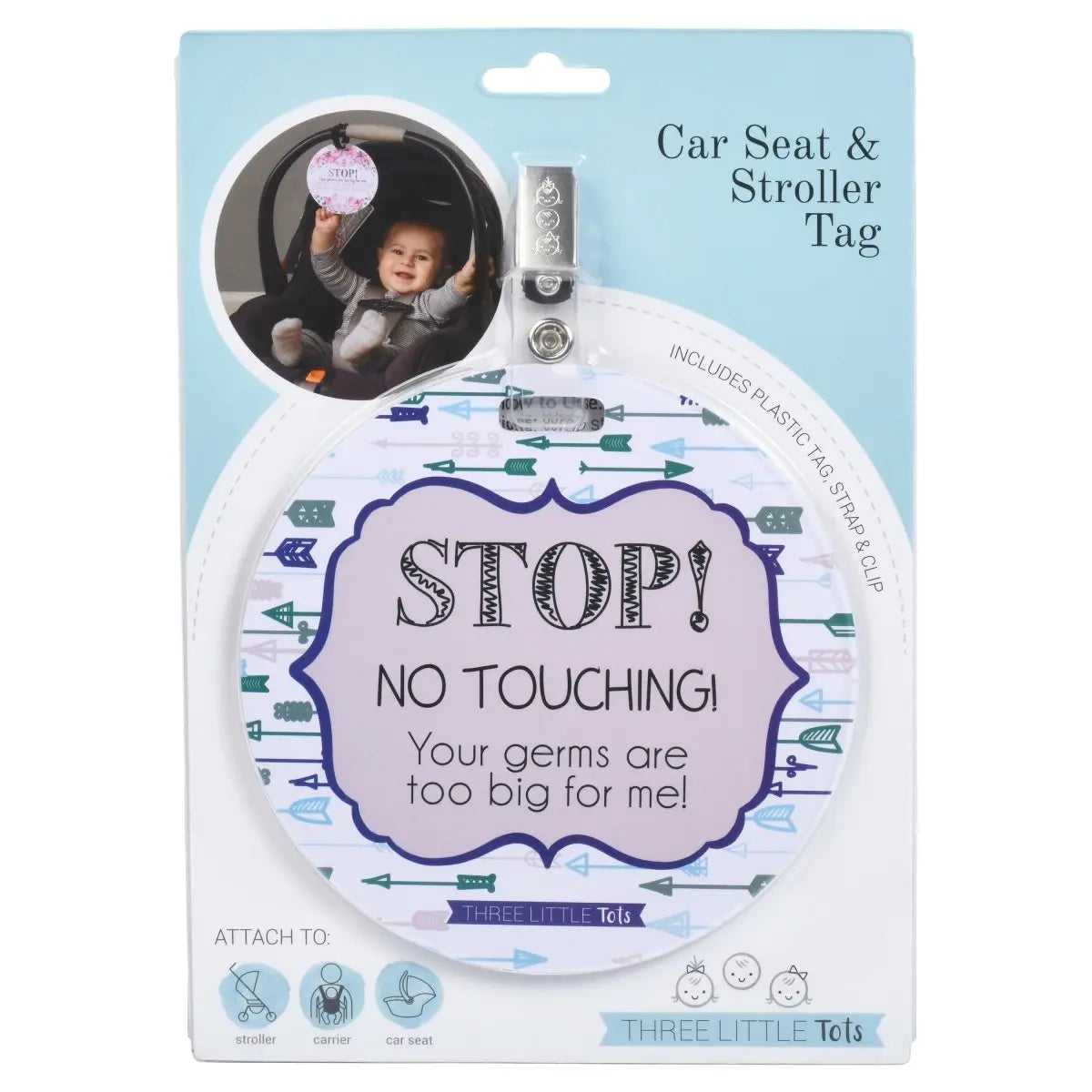 Three Little Tots Blue Arrows No Touching Newborn Baby Car Seat Sign Tag - 
