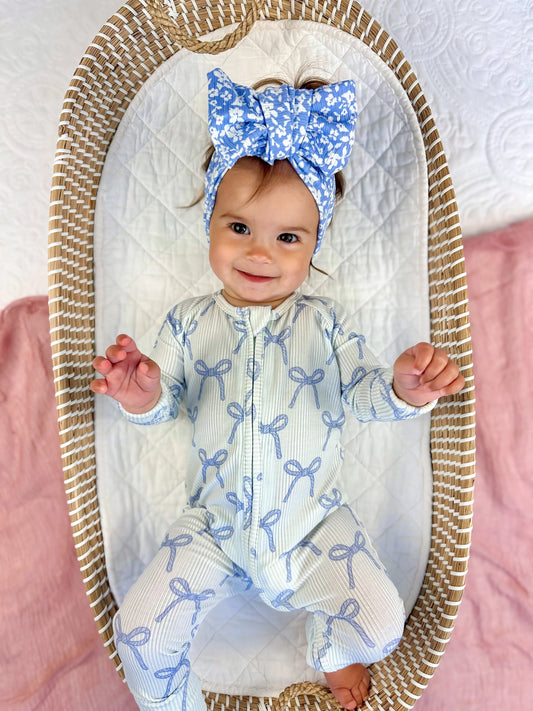 Little Joy Co. Blue Belle Ribbed Bamboo Zippy Romper With Foldover Feet - Apparel & Accessories > Clothing > Baby & Toddler Clothing > Baby & Toddler Sleepwear
