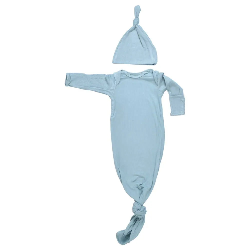 Three Little Tots Blue Bird Ribbed Knotted Newborn Gown - 