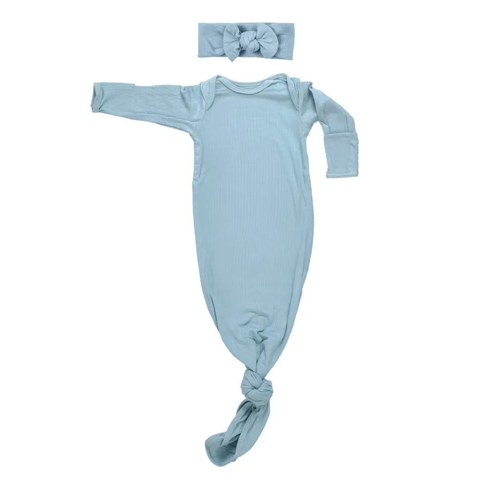 Three Little Tots Blue Bird Ribbed Knotted Newborn Gown - 