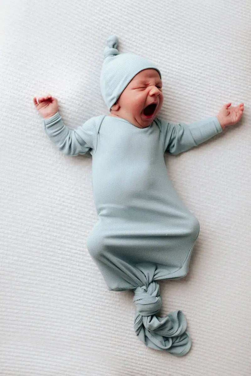 Three Little Tots Blue Bird Ribbed Knotted Newborn Gown - 