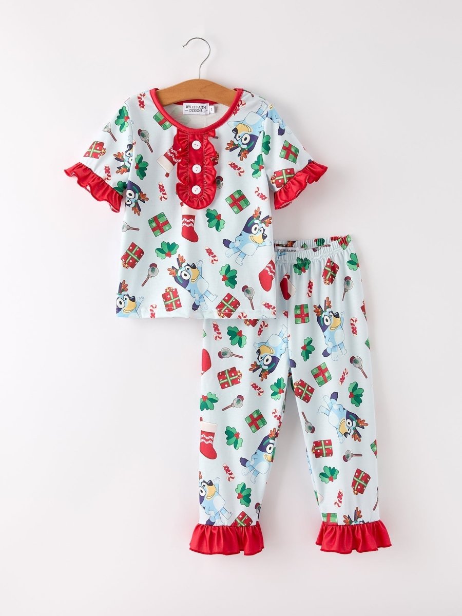 Rylee Faith Designs Blue Christmas Character Girls Pajama Set with Ruffles - Everetts Place Boutique - 