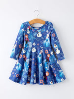 Blue Christmas Character Print Long Sleeve Girls Dress - Everetts Place Boutique - 