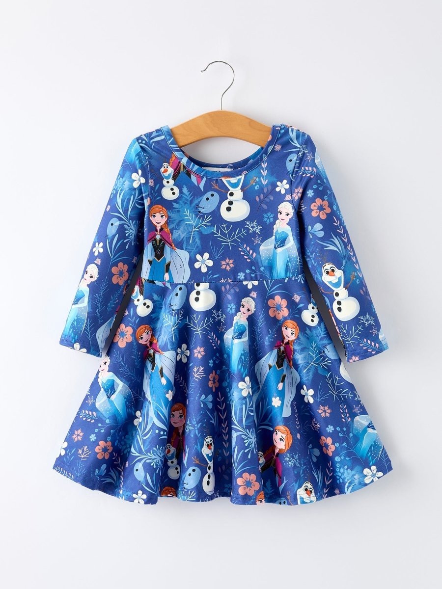Blue Christmas Character Print Long Sleeve Girls Dress - Everetts Place Boutique - 