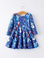 Blue Christmas Character Print Long Sleeve Girls Dress - Everetts Place Boutique - 