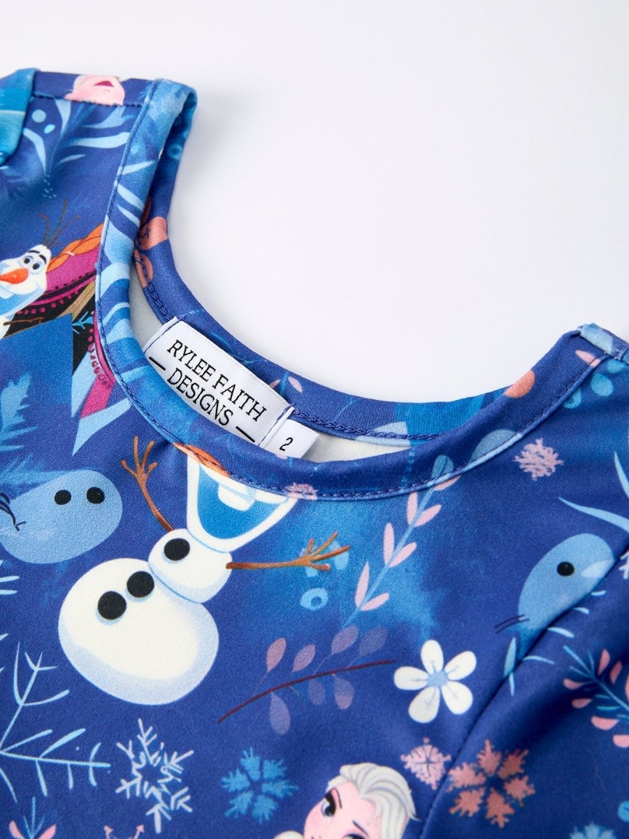Blue Christmas Character Print Long Sleeve Girls Dress - Everetts Place Boutique - 