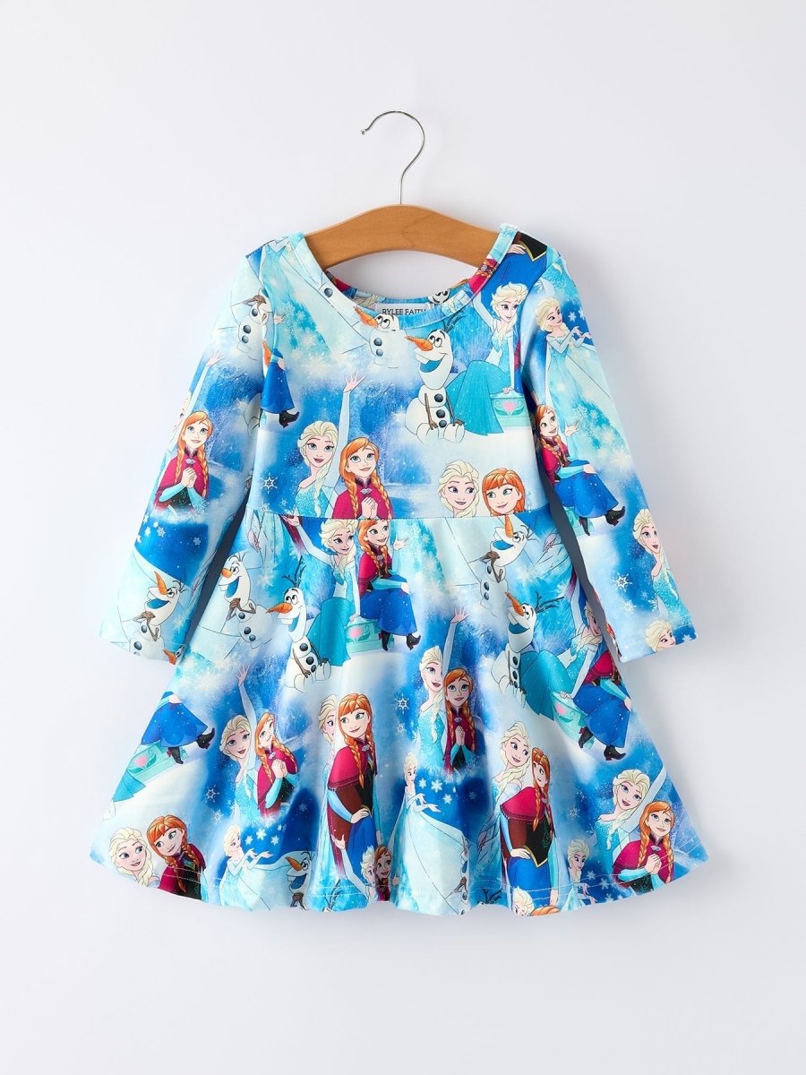 Blue Christmas Character Print Party Dress For Girls - Everetts Place Boutique - 