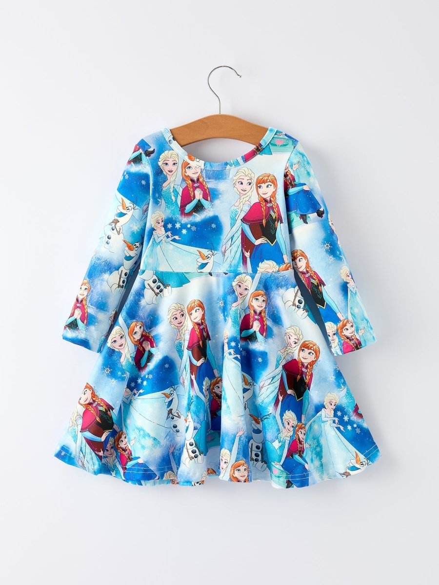 Blue Christmas Character Print Party Dress For Girls - Everetts Place Boutique - 
