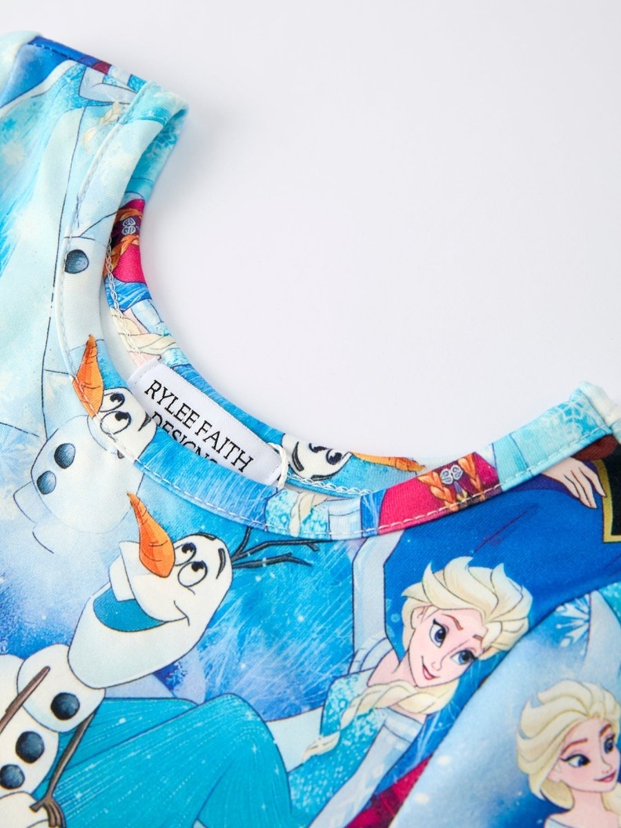 Blue Christmas Character Print Party Dress For Girls - Everetts Place Boutique - 