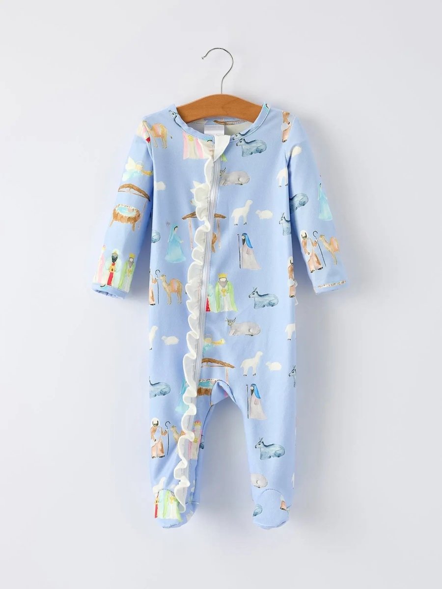 Blue Christmas Nativity Pattern Baby Girls Romper with Ruffles Rylee Faith Designs Everetts Place Boutique