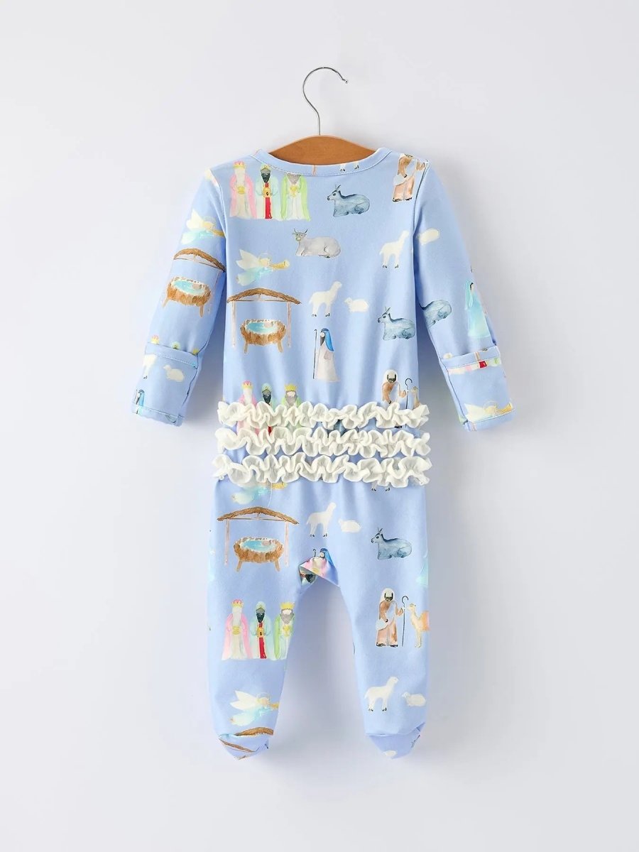 Blue Christmas Nativity Pattern Baby Girls Romper with Ruffles Rylee Faith Designs Everetts Place Boutique