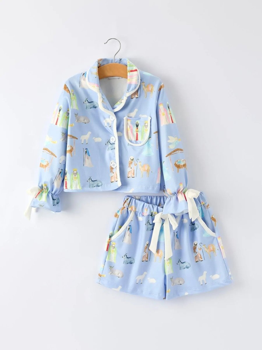 Blue Christmas Nativity Pattern Girls Pajamas Set Rylee Faith Designs Everetts Place Boutique