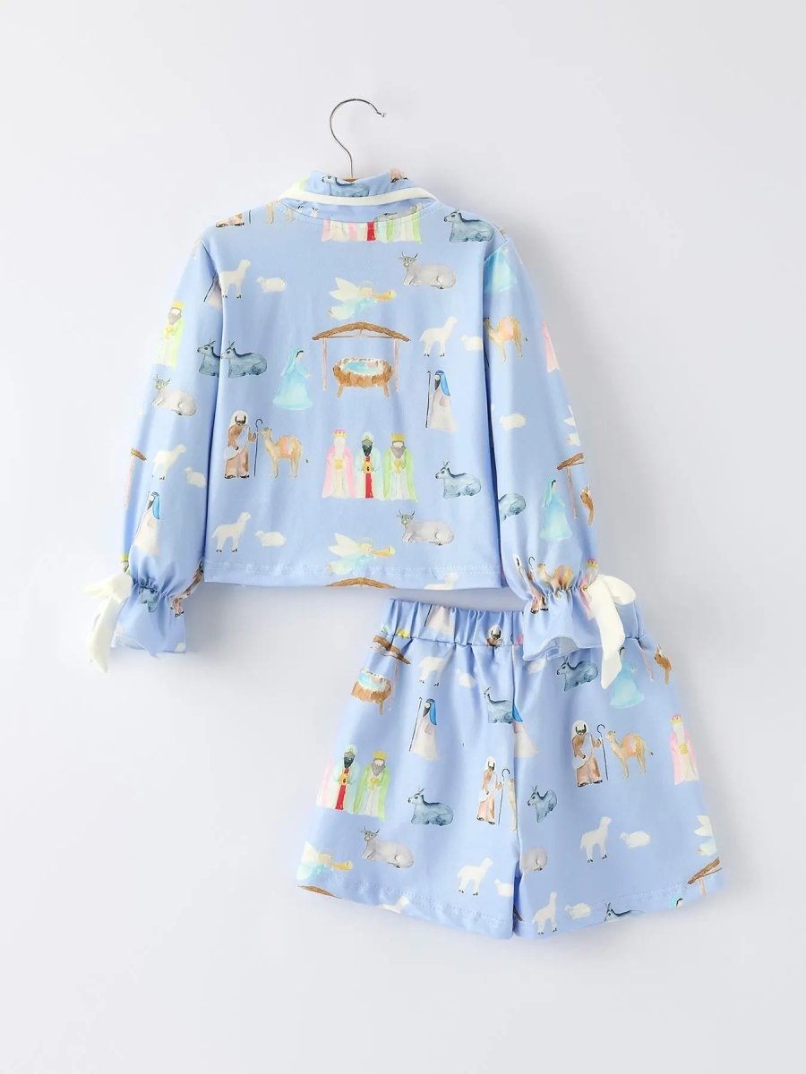 Blue Christmas Nativity Pattern Girls Pajamas Set Rylee Faith Designs Everetts Place Boutique