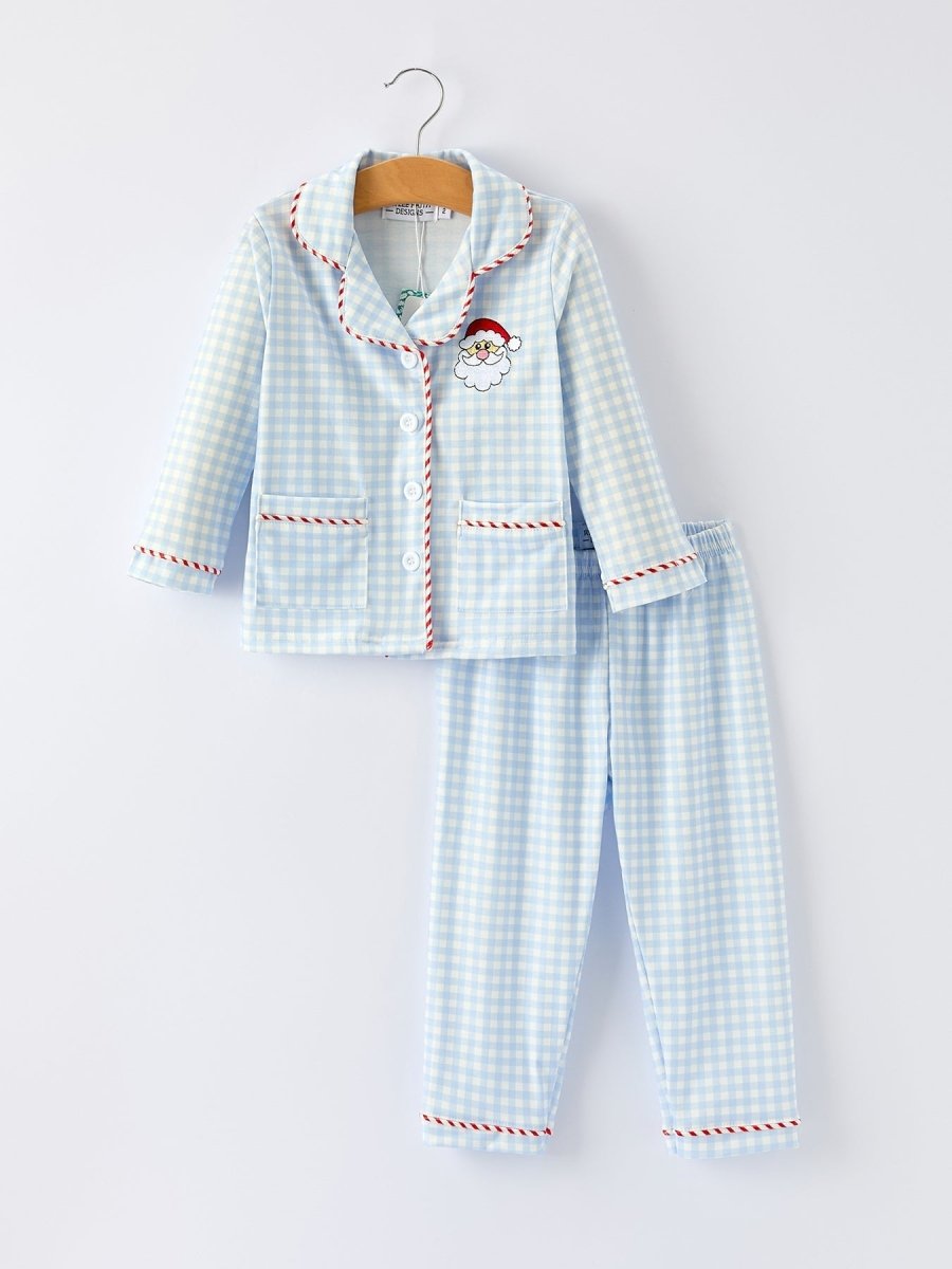 Rylee Faith Designs Blue Christmas Santa Embroidery Plaid Girls Pajamas Set - Everetts Place Boutique - 