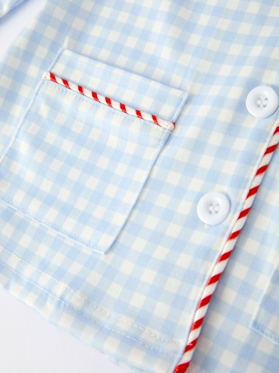 Rylee Faith Designs Blue Christmas Santa Embroidery Plaid Girls Pajamas Set - Everetts Place Boutique - 