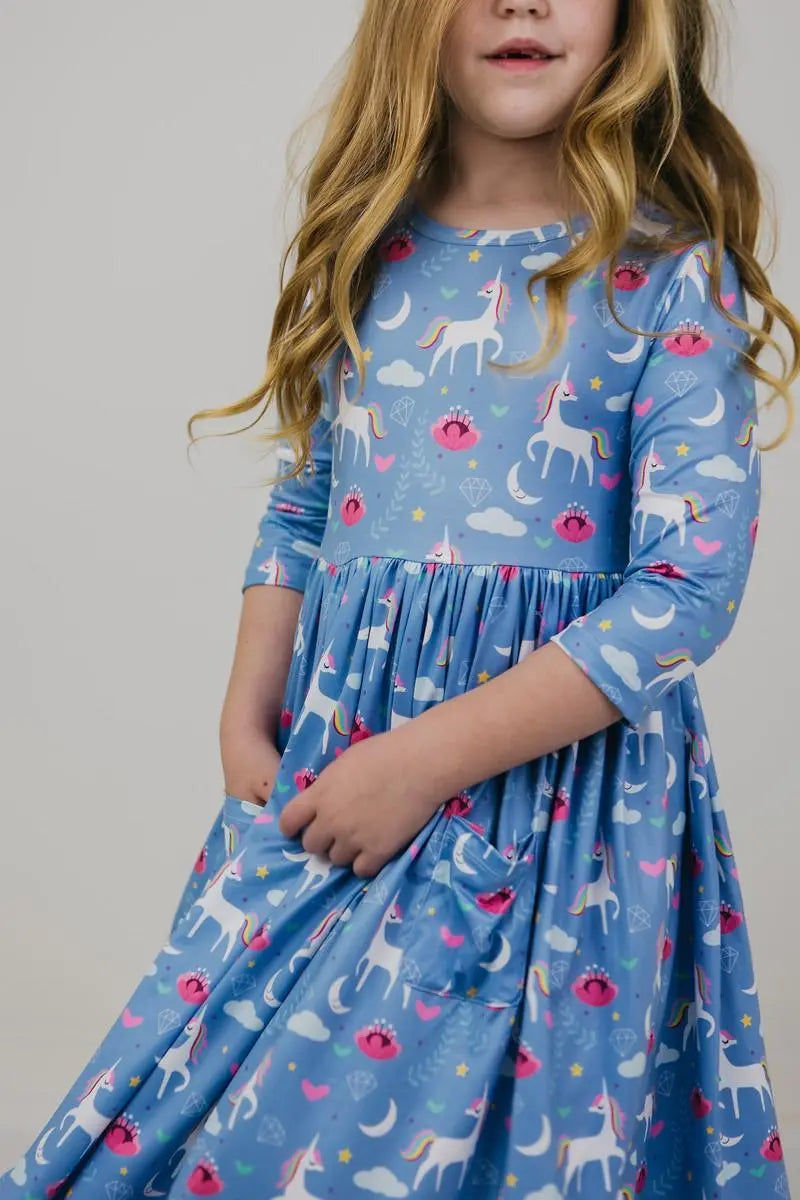 Mila & Rose ® Blue Moon 3/4 Sleeve Pocket Twirl Dress for Girls Outfit - Apparel & Accessories > Clothing > Dresses Twirl Pocket Dress 3/4